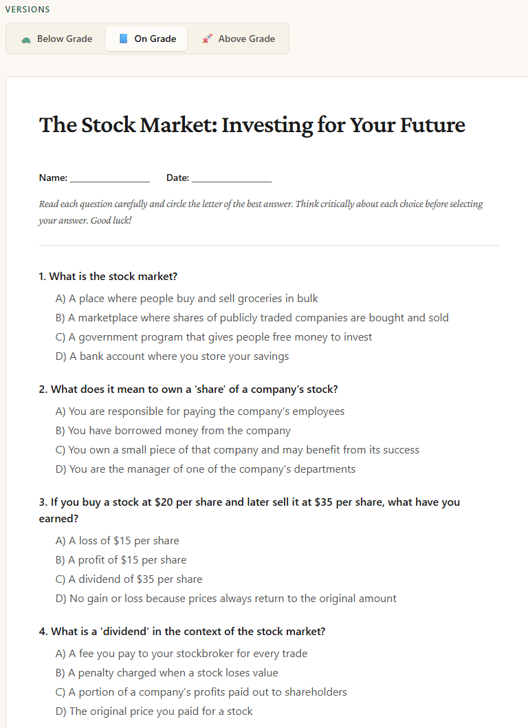 A WorksheetForge multiple-choice worksheet on the stock market, showing Below Grade, On Grade, and Above Grade version tabs